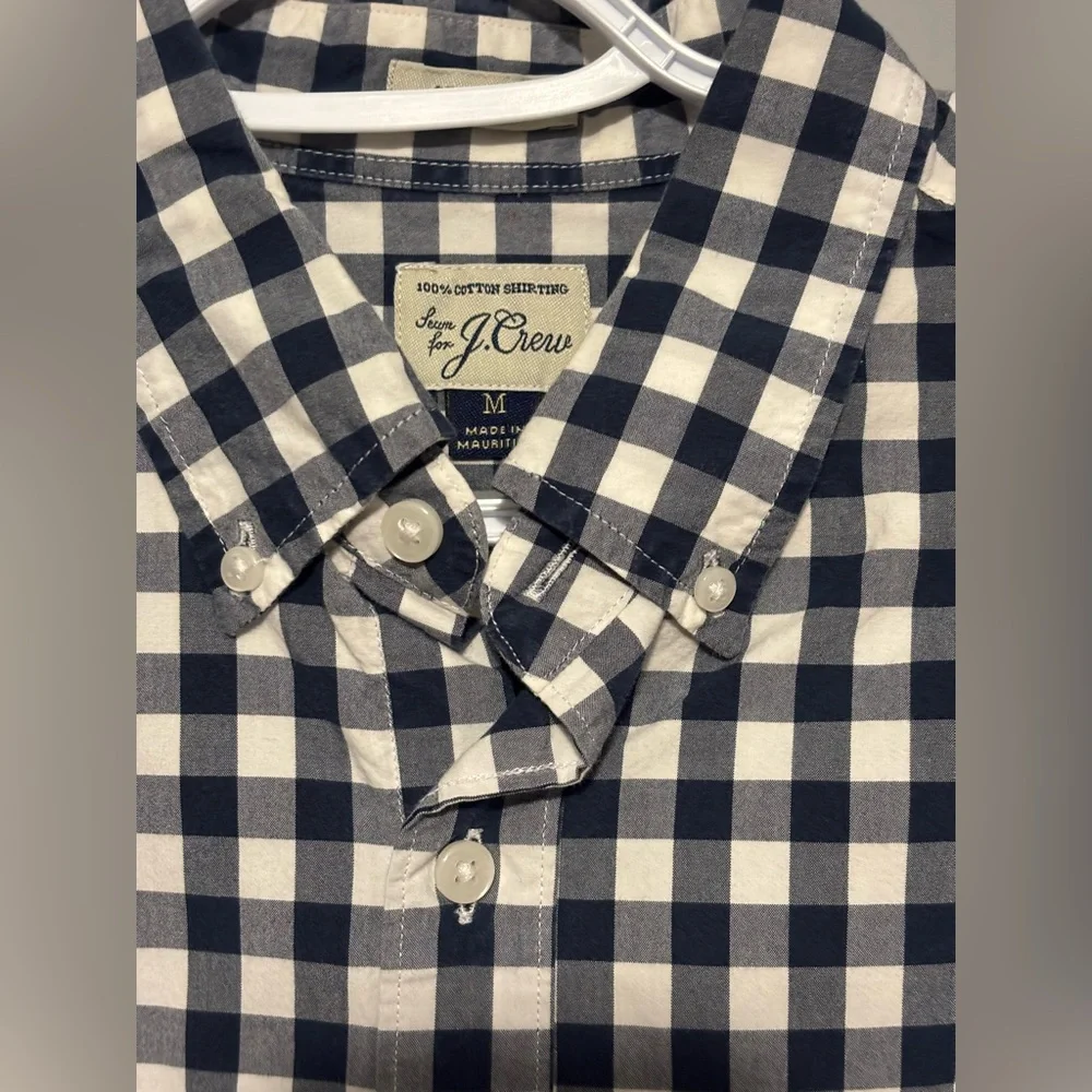 J Crew gingham check cotton button down shirt button collar‎ Med Navy and white